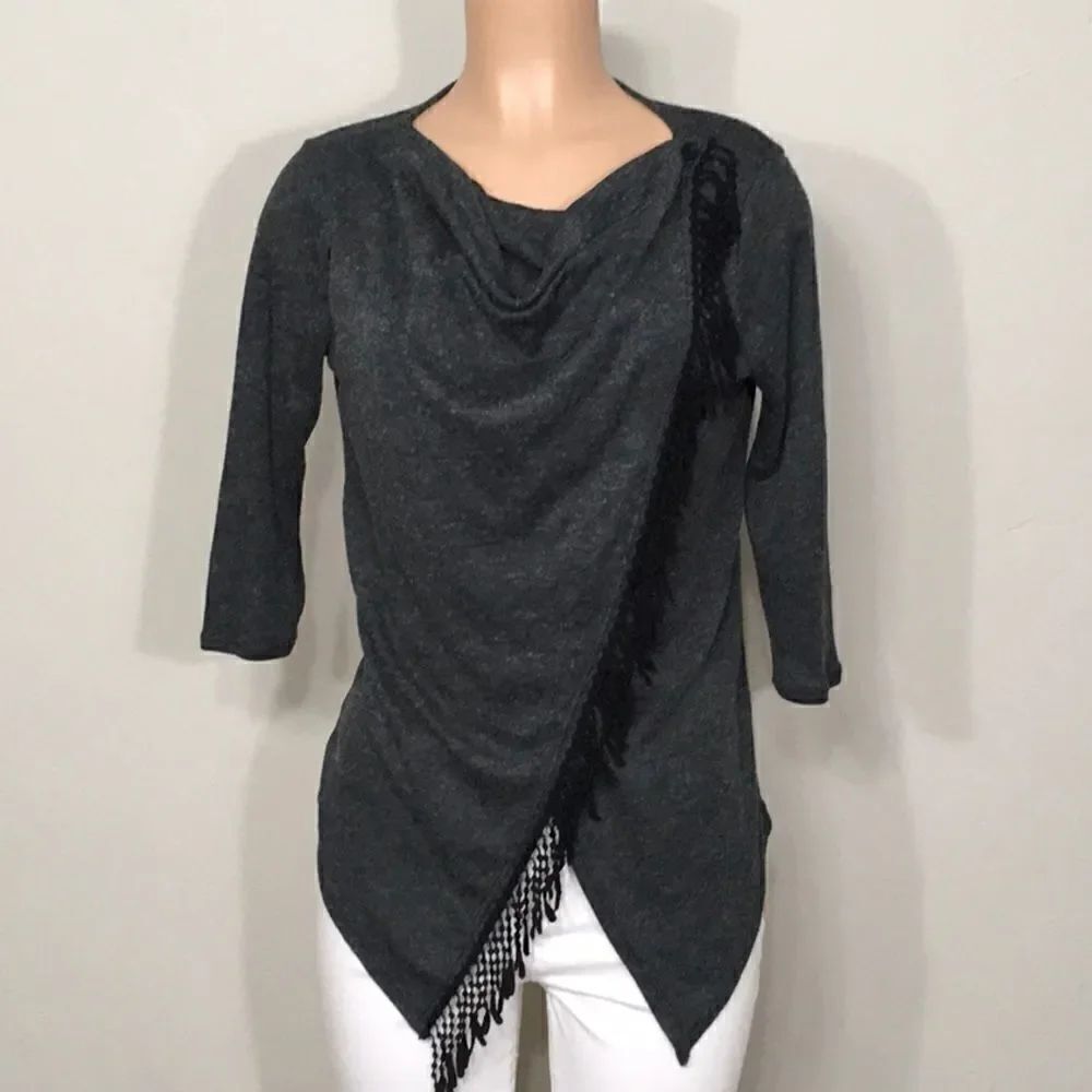 Gray wrap sweater with black fringe. NWOT